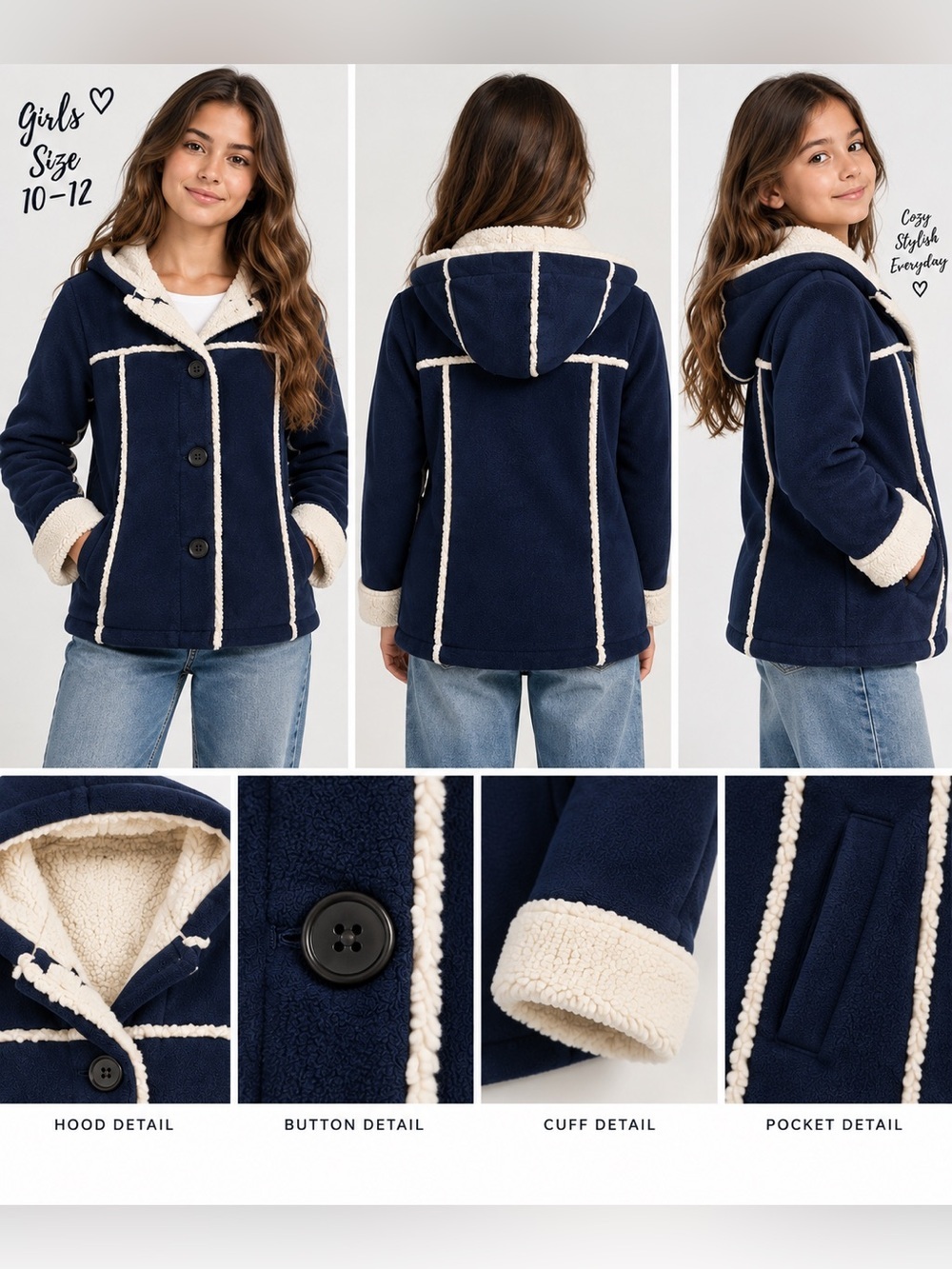 Old Navy Girls Large Navy Blue Sherpa Trim Hooded Coat Button Front